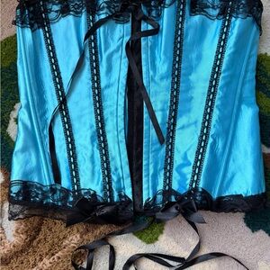38” bust Lingerie Diva Corset Blue Satin Black Lace Up Ribbon Bows Y2K Lingerie